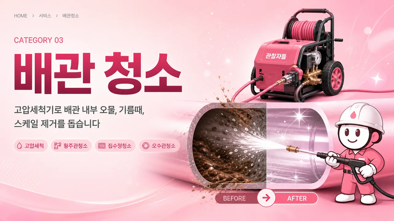 배관청소, 고압세척기로 배관 내부 오물, 기름때, 스케일 제거를 돕습니다., 고압세척, 횡주관청소, 집수정청소, 오수관청소