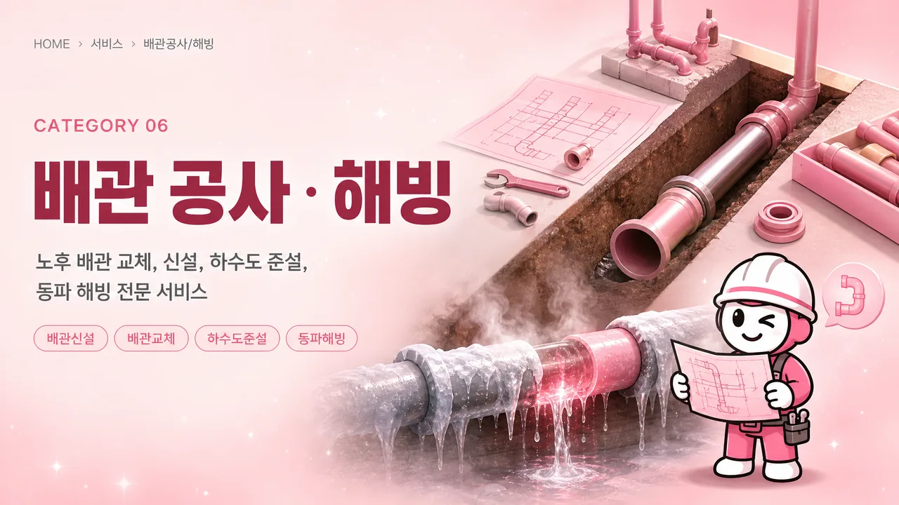 배관공사, 노후 배관 교체, 신설, 하수도 준설 등 배관 공사 전문 서비스입니다., 배관 신설, 배관 교체, 하수도 준설, 펌프교체