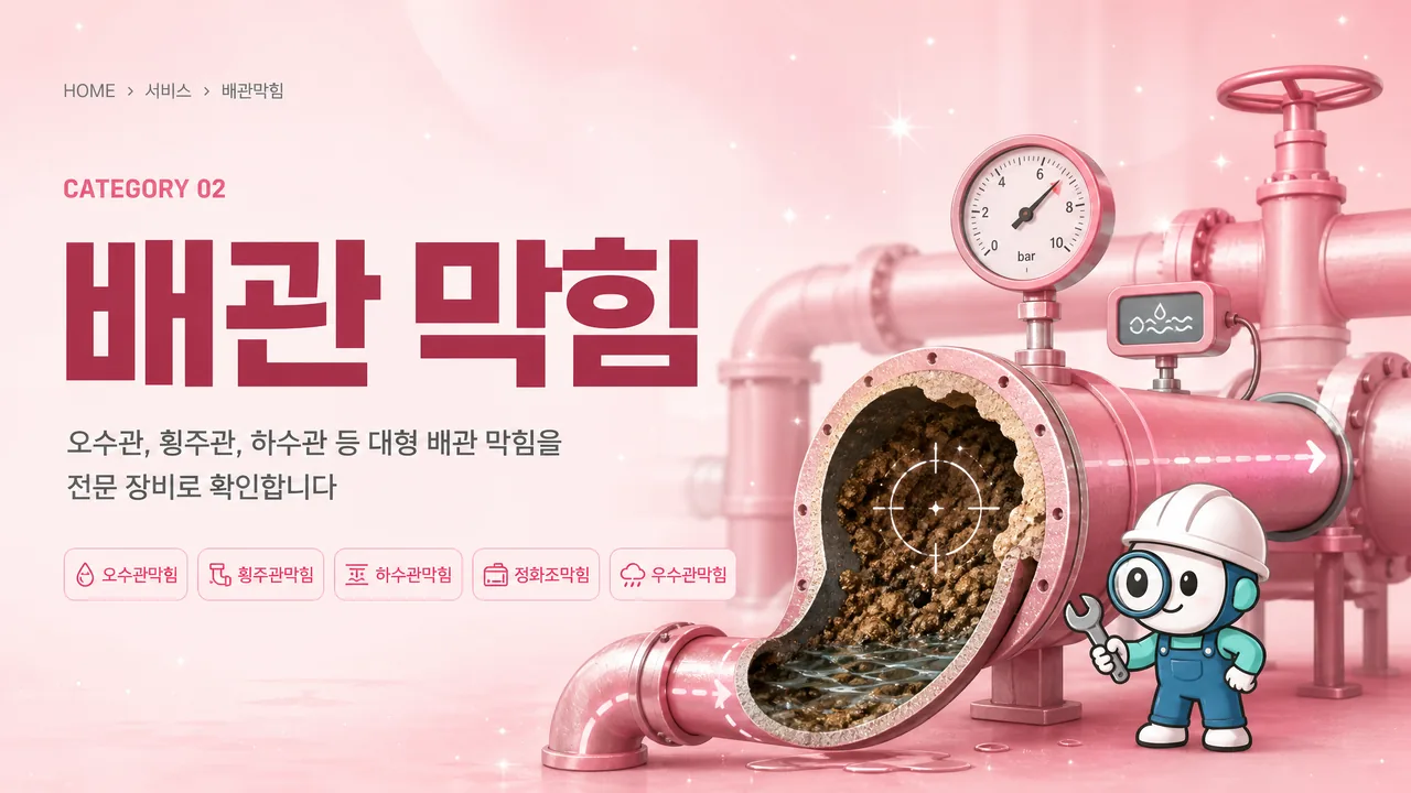 배관막힘, 오수관, 횡주관, 하수관 등 대형 배관 막힘을 전문 장비로 확인합니다., 오수관막힘, 횡주관막힘, 하수관막힘, 정화조막힘, 우수관막힘