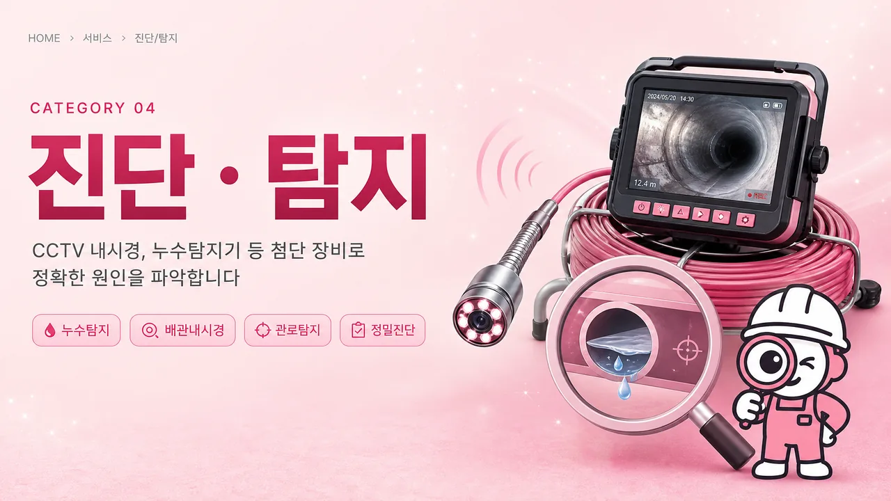 진단/탐지, CCTV 내시경, 누수탐지기 등 첨단 장비로 정확한 원인을 파악합니다., 누수탐지, 배관내시경, 관로탐지