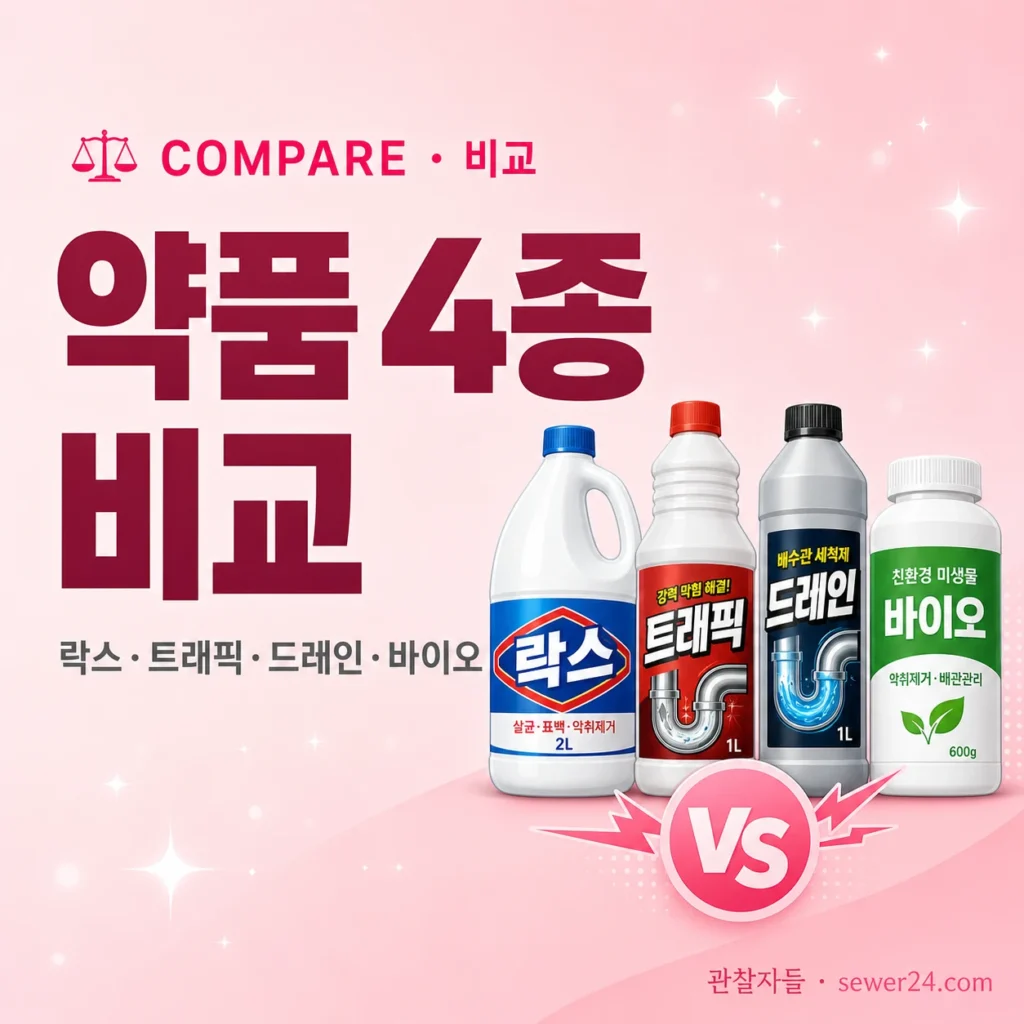 하수구 뚫는 약품 4종 비교: 락스·트래픽·드레인오프너·바이오 (배관 손상 없는 선택)