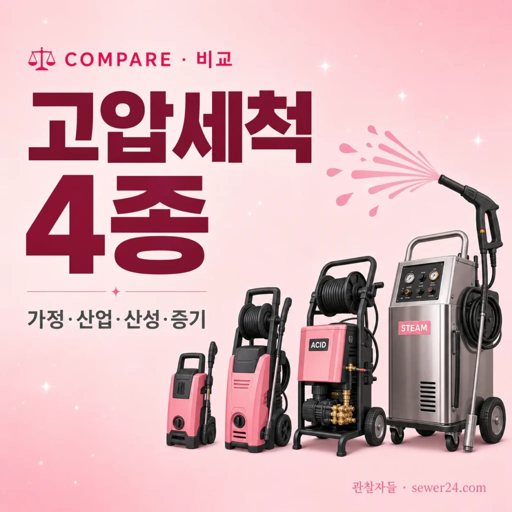 고압세척 4종 비교: 가정용·산업용·산성·증기 (효과·압력·적합 배관)
