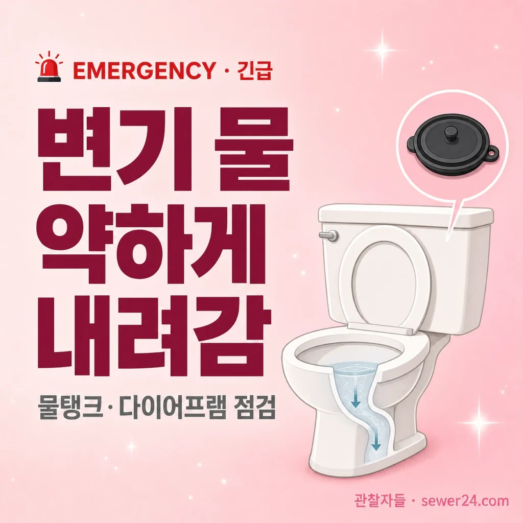 변기 물 약하게 내려감 — 물탱크·다이어프램·후레쉬 점검