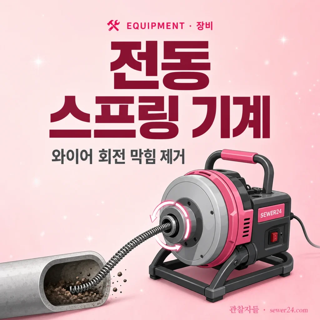 전동 스프링 기계 — 와이어 회전식 막힘 제거 원리