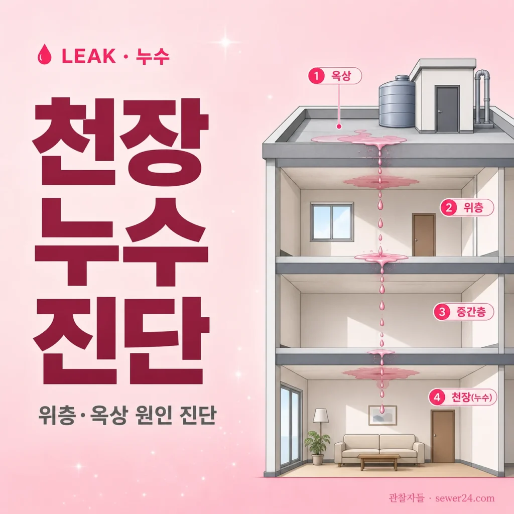 천장 누수 — 위층·옥상 원인 진단과 복구