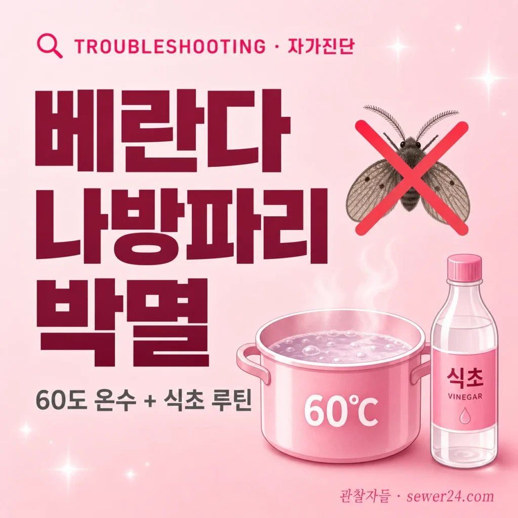 베란다 나방파리 박멸: 60도 온수 + 식초 주1회 루틴 (7일 완료)