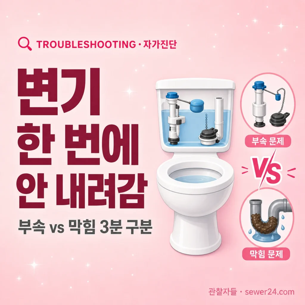 변기 한 번에 안 내려감 = 부속 vs 막힘 3분 구분법